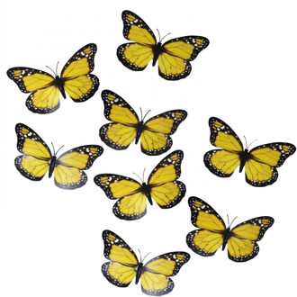 Gerimport Decoratie / hobby vlinders - 12x stuks - geel - op clip - 12 x 6 cm - kunststof - knutsele