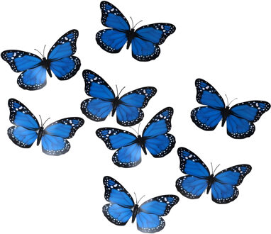 Gerimport Decoratie / hobby vlinders - 8x stuks - blauw - op clip - 12 x 6 cm - knutselen - kunststo