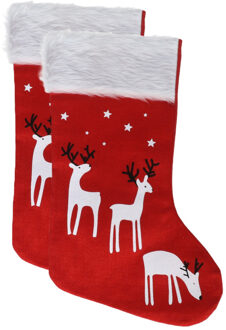 Gerimport Decoratie kerstsokken - 2x - rood - B27 x H46 cm - polyester - rendieren- kerstsokken