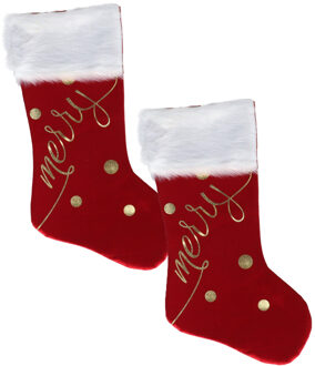 Gerimport Decoratie kerstsokken - 2x - rood/goud - B27 x H46 cm - polyester - Merry