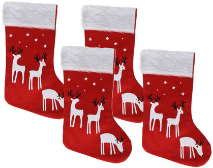 Gerimport Decoratie kerstsokken - 4x - rood - B27 x H46 cm - polyester - rendieren- kerstsokken