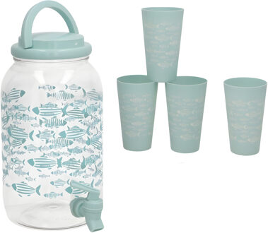 Gerimport Drank / Water dispenser tap - blauw - 3,8 Liter - kunststof - 15 x 18 x 26 cm - incl. 4 be