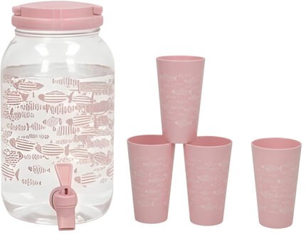 Gerimport Drank / Water dispenser tap - roze - 3,8 Liter - kunststof - 15 x 18 x 26 cm - incl. 4 bek