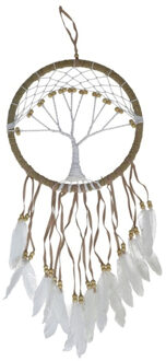 Gerimport Dromenvanger/dreamcatcher Levensboom - mobiel - bruin - veertjes/kraaltjes - 28 cm