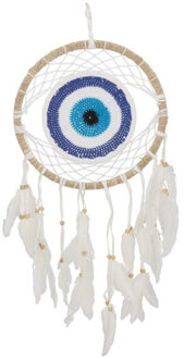Gerimport Dromenvanger/dreamcatcher - mobiel - wit/blauw - veertjes/kraaltjes - 28 cm