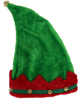Gerimport Elfenmuts - groen/rood - met belletjes - volwassenen - 41 cm - polyester - kerstelf accessoires