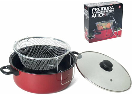 Gerimport friteuse/frituurpan met glazen deksel - voor alle hittebronnen - rood - D26 cm