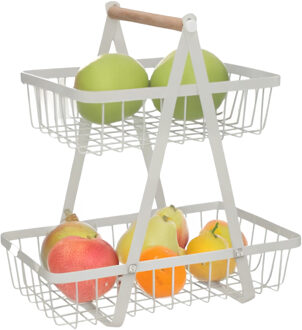 Gerimport fruitrek - fruischaal - metaal - wit - 2 lagen - home decoratie - H33 cm