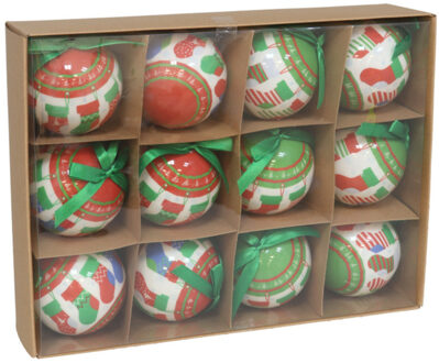 Gerimport Gedecoreerde kerstballen - 12x stuks - 7,5 cm - rood/groen/wit - kunststof