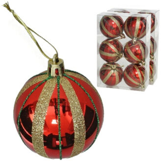 Gerimport Gedecoreerde kerstballen - 18x st - 6 cm - kunststof - rood/goud