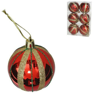 Gerimport Gedecoreerde kerstballen - 6x st - 6 cm - kunststof - rood/goud