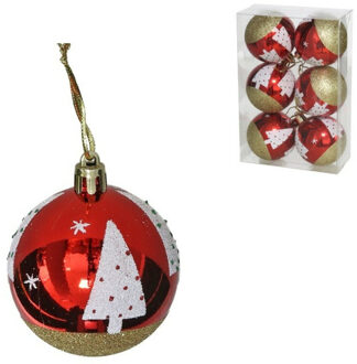 Gerimport Gedecoreerde kerstballen - 6x st - 6 cm - kunststof - rood met kerstboom