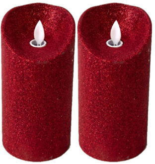 Gerimport Gerim LED kaars/stompkaars - 2x - rood - H15 cm - glitter - LED kaarsen