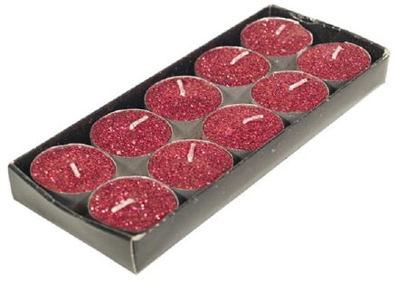 Gerimport Gerim waxinelichtjes kaarsjes- 10x - rood glitters 3,5 cm - Waxinelichtjes