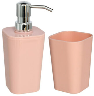 Gerimport Gerim Zeeppompje/dispenser - kunststof - zalmroze - incl. tandenborstelhouder