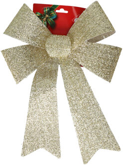 Gerimport Grote decoratie strik - 42 cm - goud - glitter - kunststof - Feestdecoratievoorwerp