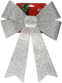 Gerimport Grote decoratie strik - 42 cm - zilver - glitter - kunststof - Feestdecoratievoorwerp