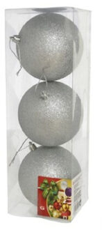 Gerimport Grote kerstballen - 3x st - zilver - glitter - 10 cm - kunststof - kerstversiering