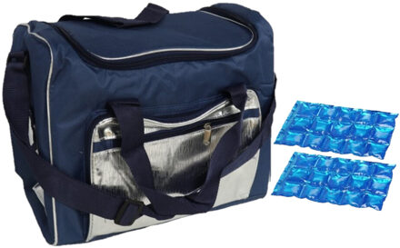 Gerimport Grote koeltas schoudertas blauw/zilver met 2 stuks flexibele koelelementen 21 liter