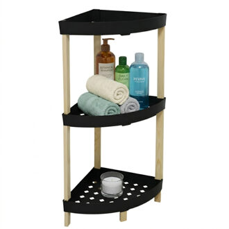 Gerimport Hoekkast / opbergrek - 3 planken - hout / zwart - 32 x 79 cm - badkamer / keuken