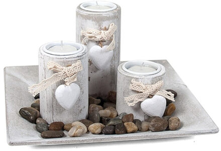 Gerimport Kaarsen plateau/bord met 3 kaarsenhouders en deco stenen voor theelichtjes - Kaarsenplateaus Multikleur