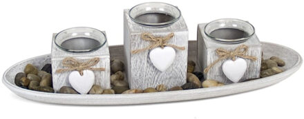 Gerimport Kaarsen plateau/bord met 3 kaarsenhouders en deco stenen voor theelichtjes Multi