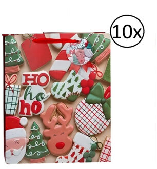 Gerimport Kerst cadeau tasje - 10x - 24 cm - ho-ho-ho en kerstman - inpakken - kerstcadeaus