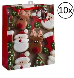 Gerimport Kerst cadeau tasje - 10x - 32 cm - kerstman en rendier - inpakken - kerstcadeaus