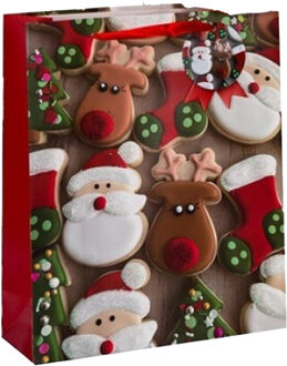 Gerimport Kerst cadeau tasje - 24 cm - kerstman en rendier - inpakken - kerstcadeaus Rood