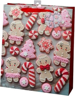 Gerimport Kerst cadeau tasje - 24 cm - peperkoek mannetje en vrouwtje - inpakken - kerstcadeaus Roze