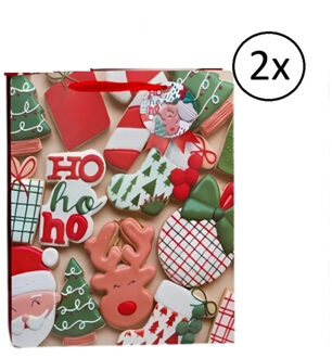 Gerimport Kerst cadeau tasje - 2x - 42 cm -ho-ho-ho en kerstman - inpakken - kerstcadeaus