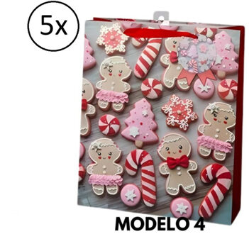 Gerimport Kerst cadeau tasje - 5x - 24 cm - peperkoek mannetje en vrouwtje - inpakken - kerstcadeaus