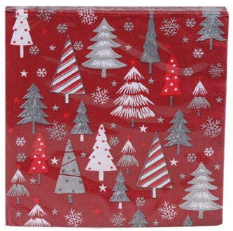 Gerimport Kerst tafel servetten 20x stuks van 33 x 33 cm - Kerstbomen print - Feestservetten Multikleur