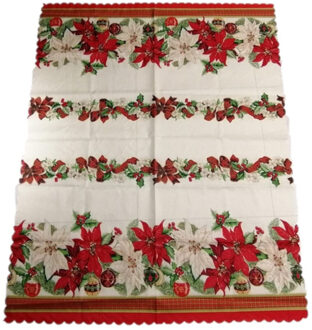 Gerimport Kerst thema print tafelkleed van 150 x 180 cm - Kerstbloemen print in ecru/groen/rood