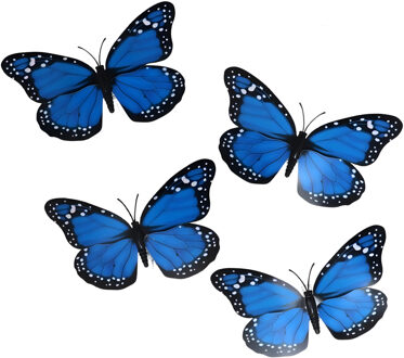 Gerimport Kerst vlinders - 4x stuks - blauw - op clip - 12 x 6 cm - kunststof - kerstboomversiering
