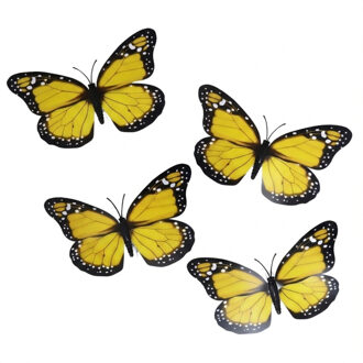 Gerimport Kerst vlinders - 4x stuks - geel - op clip - 12 x 6 cm - kunststof - kerstboomversiering