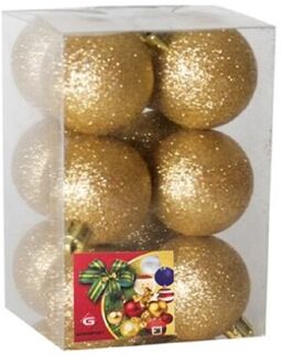Gerimport Kerstballen - 12 ST - goud - kunststof - glitters - D6 cm - Kerstbal Goudkleurig