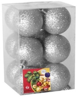 Gerimport Kerstballen - 12 stuks - zilver - kunststof - glitters - D6 cm - Kerstbal Zilverkleurig