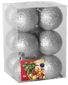 Gerimport Kerstballen - 12x stuks - zilver - kunststof - glitters - D6 cm - Kerstbal Zilverkleurig