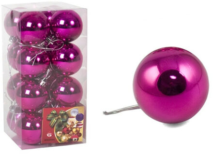 Gerimport Kerstballen - 16x stuks - fuchsia roze - glans - 5 cm - kunststof
