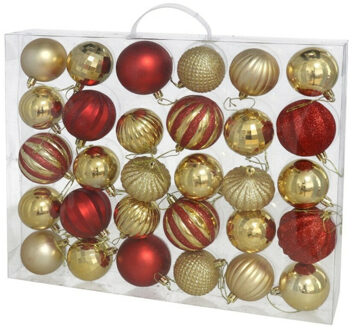 Gerimport Kerstballen - 54ST - gedecoreerd - kunststof - goud/rood - Kerstbal Multikleur