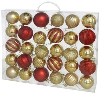 Gerimport Kerstballen - 54ST - gedecoreerd - kunststof - goud/rood - Kerstbal Multikleur