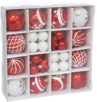 Gerimport Kerstballen en ornamenten set - 42-delig - rood/wit - kunststof - kerstboomversiering