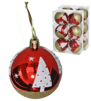 Gerimport Kerstballen gedecoreerd - 12x - 6 cm - kunststof -rood met kerstboom - Kerstbal