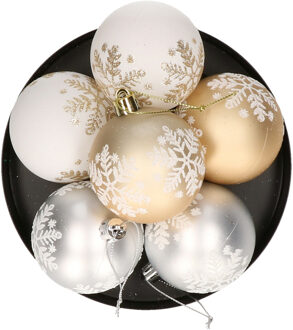 Gerimport Kerstballen gedecoreerd - 12x st - 6 cm - kunststof - goud/wit/zilver - Kerstbal Multikleur