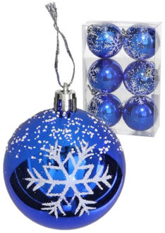 Gerimport Kerstballen - gedecoreerd - 6x st - 6 cm - kunststof - blauw - Kerstbal