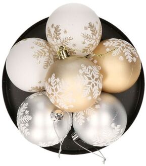 Gerimport Kerstballen gedecoreerd - 6x st - 6 cm - kunststof - goud/wit/zilver - Kerstbal Multikleur