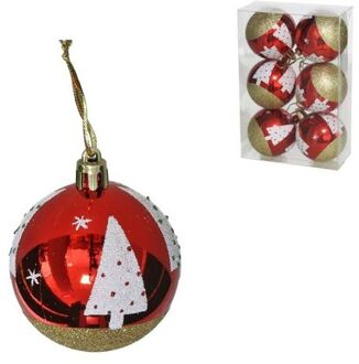Gerimport Kerstballen gedecoreerd - 6x st - 6 cm - kunststof - rood met kerstboom - Kerstbal