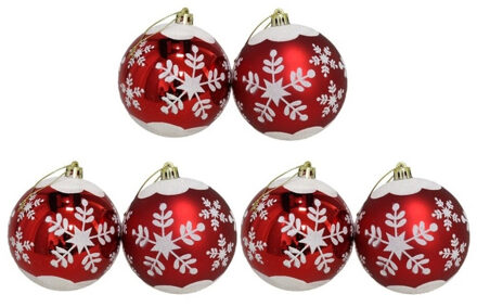 Gerimport Kerstballen - gedecoreerd - 6x st - rood - kunststof - kerstversiering