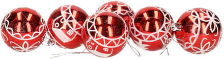 Gerimport Kerstballen - gedecoreerd - 6x st - rood - kunststof - luxe - kerstversiering